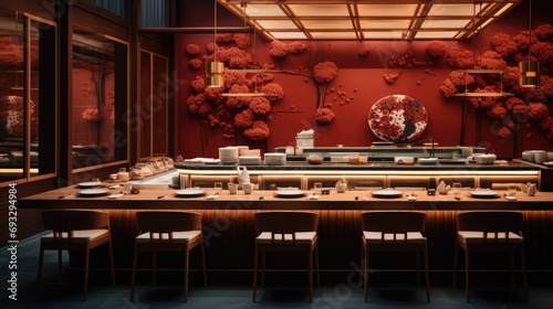 A high-end sushi counter in a square wooden red room. Generative AI. photo