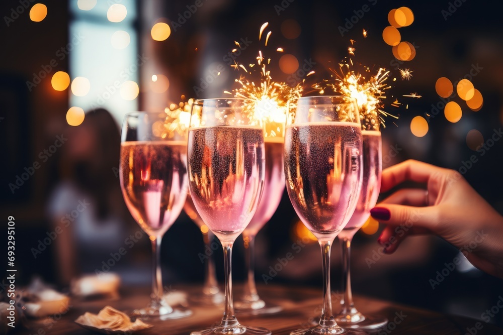 Friends celebrate Christmas or New Year party, Close-up of sparklers and pink champagne. Generative AI. - obrazy, fototapety, plakaty 