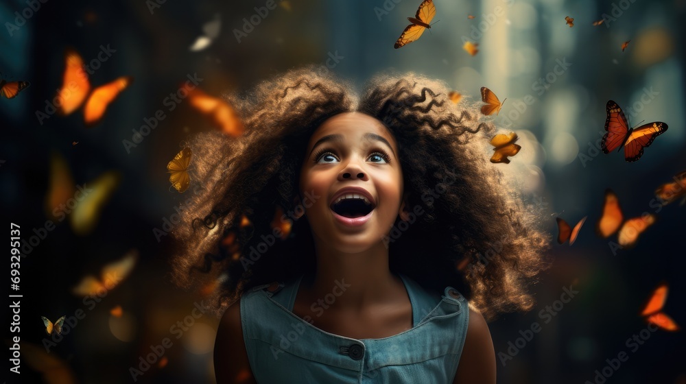 Excited black girl with butterfly. Generative AI. Excited black girl with butterfly. Generative AI.