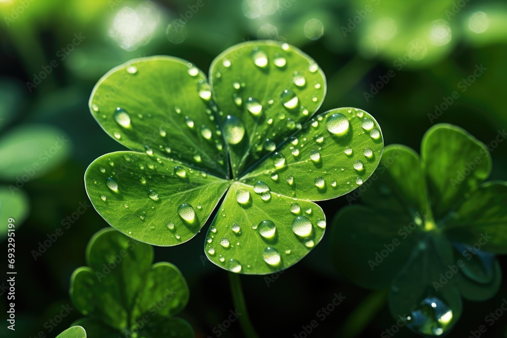 Green four-leaf clover with water droplets on the leaves. Generative AI. Green four-leaf clover with water droplets on the leaves. Generative AI.