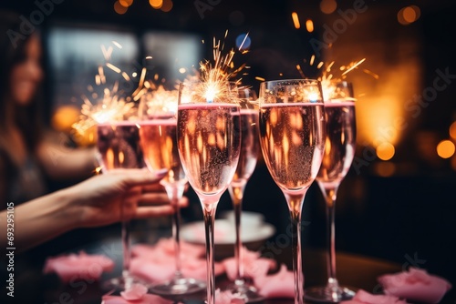 Friends celebrate Christmas or New Year party, Close-up of sparklers and pink champagne. Generative AI.