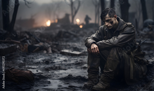 A surviving soldier sitting despondently by the roadside on the battlefield photo
