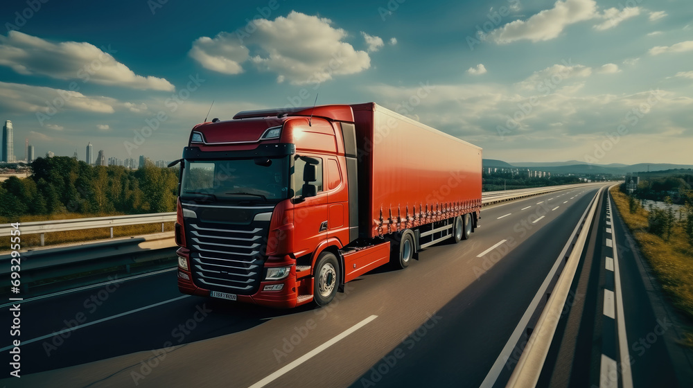 Red truck is driving from a big city along the highway on a sunny summer day. Red truck is driving from a big city along the highway on a sunny summer day.