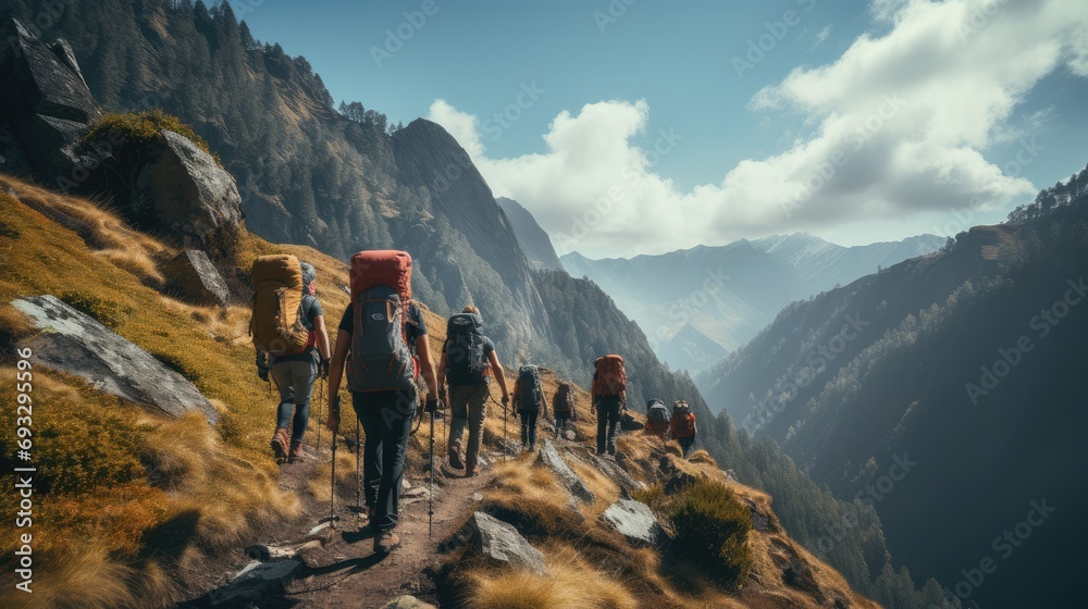 Obraz premium A group of hikers climbing up a steep mountain. Generative AI.