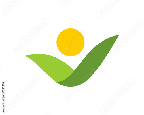 Green leaf and sun forming abstract people logo