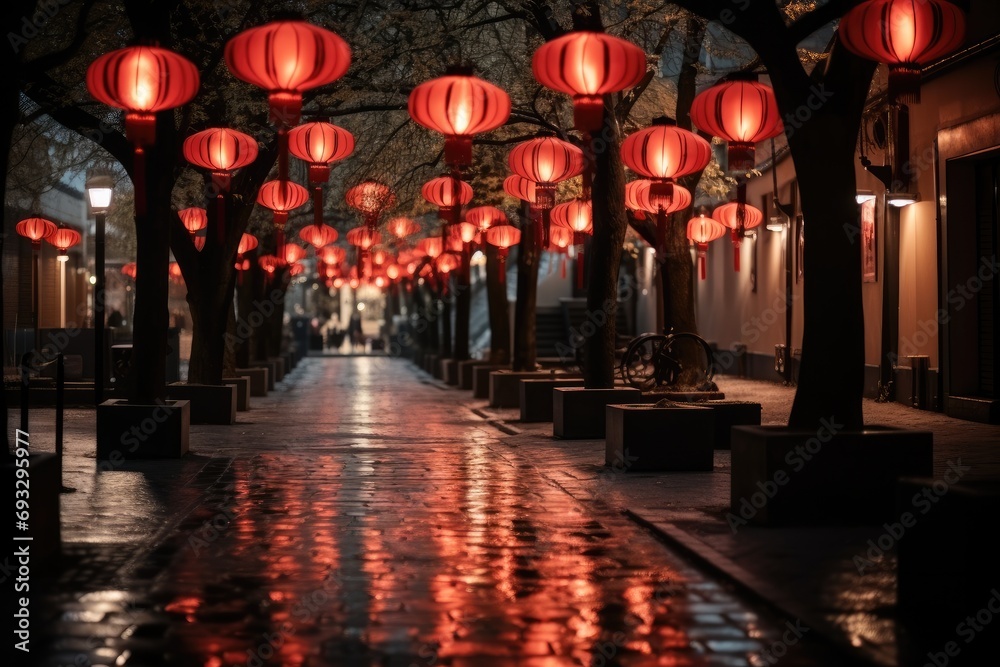 Street decorated with lanterns in the style of light red and light black. Generative AI.