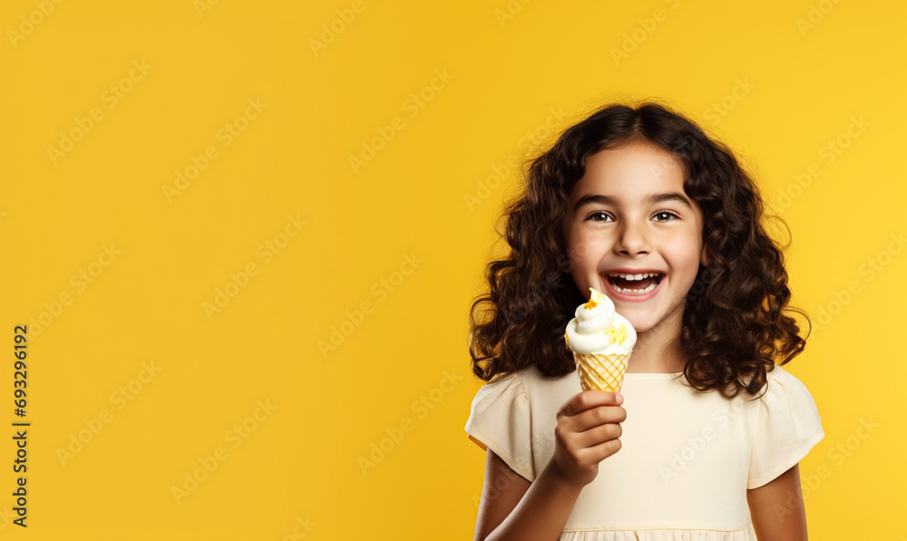 A happy little girl joyfully eating ice cream, yellow background, with copy space, banner A happy little girl joyfully eating ice cream, yellow background, with copy space, banner
