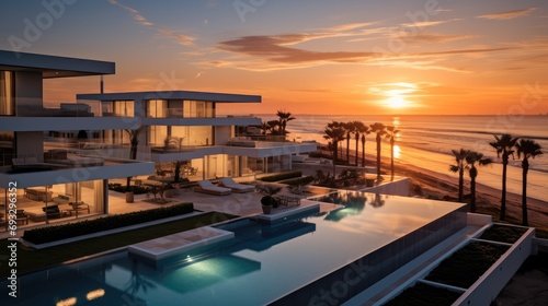 A very nice modern villas with a large and open window in sea beach at sunset. Generative AI.