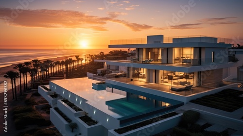 A very nice modern villas with a large and open window in sea beach at sunset. Generative AI. photo