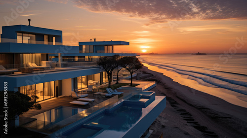 A very nice modern villas with a large and open window in sea beach at sunset. Generative AI.