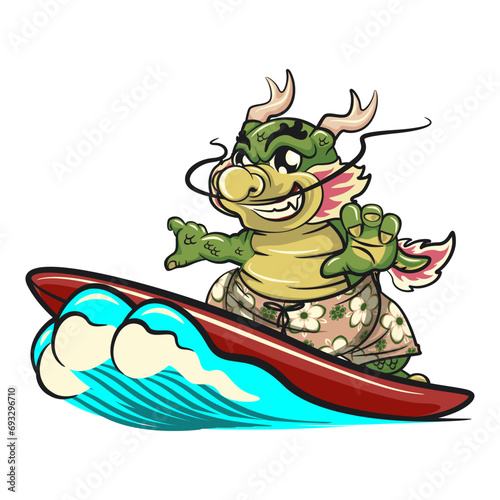 illustration of a cute dragon character mascot surfing on a surfboard