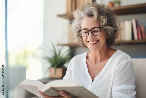 a middle-aged woman reading a book in a sunlit living room, smiling. generative AI
