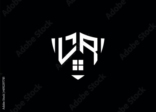 Real estate letter LR shield shape logo and house building vector template