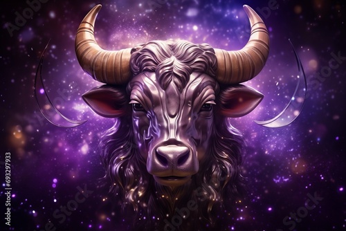 Taurus zodiac sign, bull astrological design, astrology horoscope symbol of april may month background with cosmic animal head in a purple mystic constellation photo