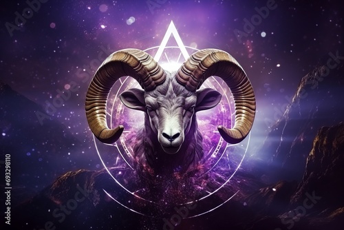 Aries zodiac sign, ram astrological design, astrology horoscope symbol of March April month background with cosmic animal head in a purple mystic constellation photo
