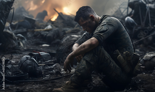A surviving soldier sitting despondently by the roadside on the battlefield photo