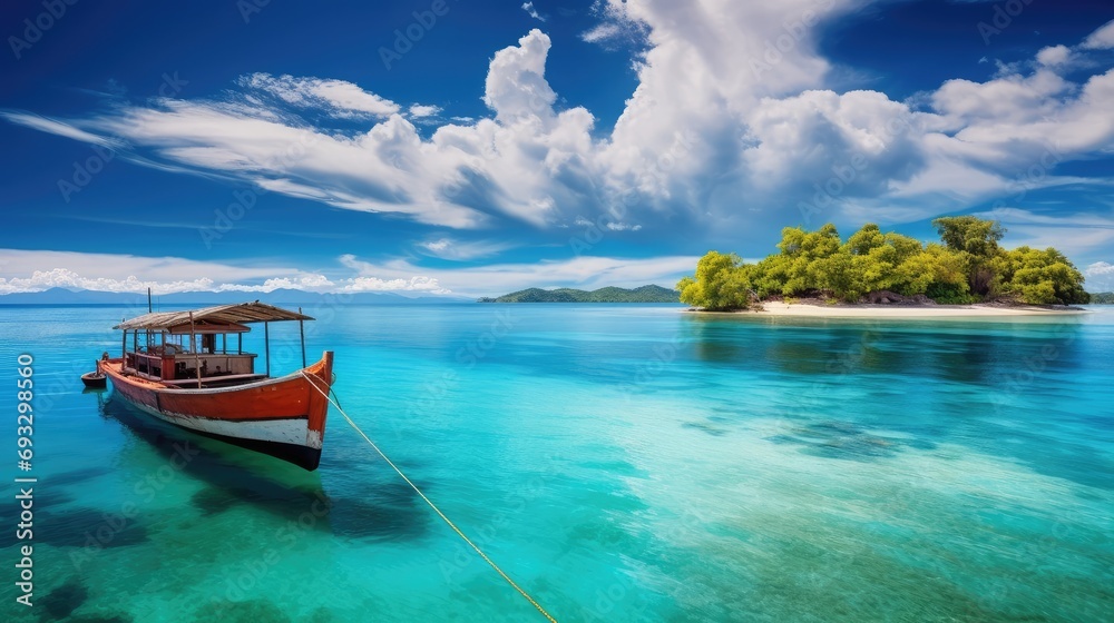 Boat in turquoise ocean water against blue sky with white clouds and tropical island. Natural landscape for summer vacation, panoramic view, Generative Ai