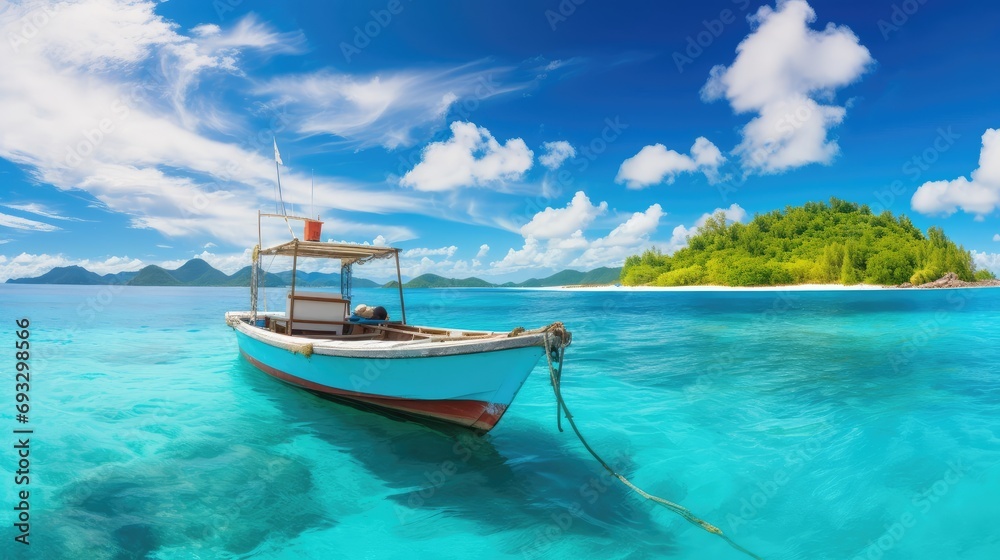 Boat in turquoise ocean water against blue sky with white clouds and tropical island. Natural landscape for summer vacation, panoramic view, Generative Ai