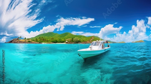 Boat in turquoise ocean water against blue sky with white clouds and tropical island. Natural landscape for summer vacation, panoramic view, Generative Ai