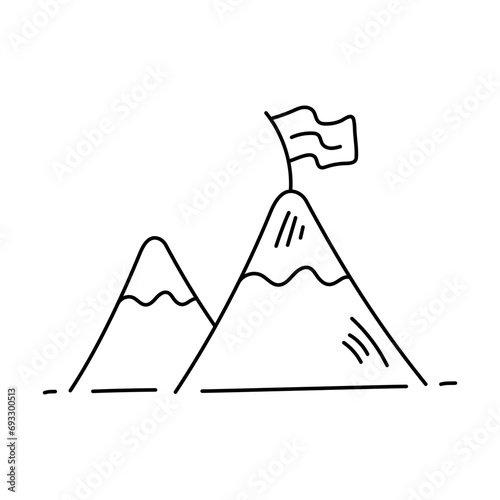 Mountain top flag drawn icon. success symbols doodles cartoon hand drawn, Victory and goals concept vector illustration.