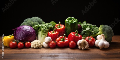 Display of organic produce: tomatoes, peppers, broccoli, onions, garlic, cucumbers, eggplants, and black-eyed peas on a wooden table.