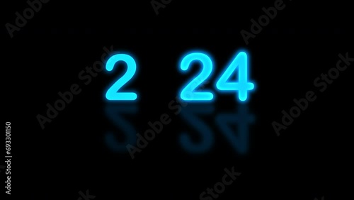 Happy New Year. Blue neon light sign background, glowing flashing 2024 neon text background, new year concept, animation.