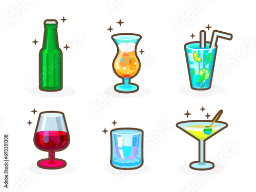 Game casual drinks icons for your app. Bright remarkable UI elements. Good for animation. Bottle, cocktail, beer, wine, martini etc. Nice vector UI illustration for your business.