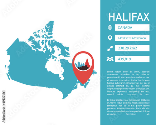 Halifax Canada map shape vector infographics template. Modern city data statistic illustration, graphic, layout for Nova Scotia province photo