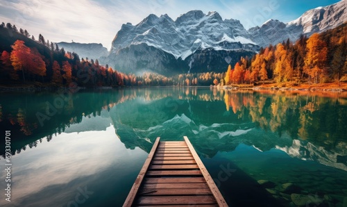 Mountain Majesty: Saturated Turquoise Lake in Fall with Reflections and Wooden Pier 