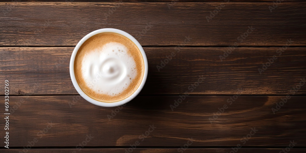 Foamy coffee on wooden table, seen from above.