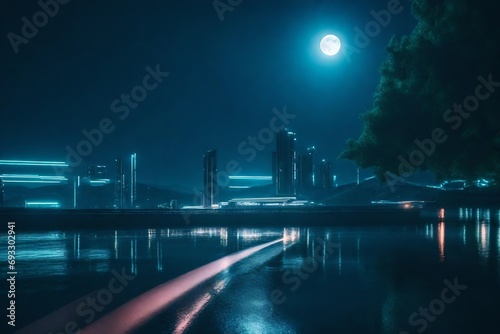 A futuristic nighttime scene including an abstract and shining moonlight. gloomy  reflective natural setting.