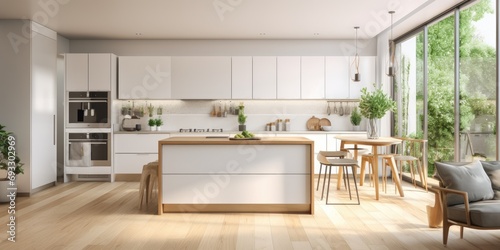 Contemporary kitchen with white furniture, wooden floors, and built-in appliances.