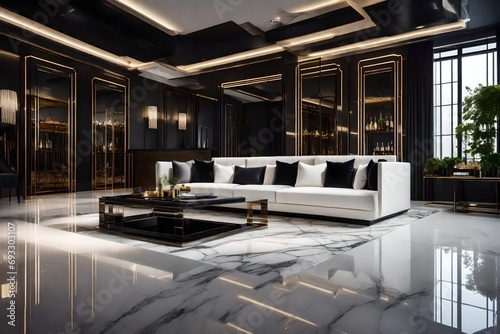 Elegant living room interior featuring a marble floor, black and white walls, a white sofa, and a bar with chairs.