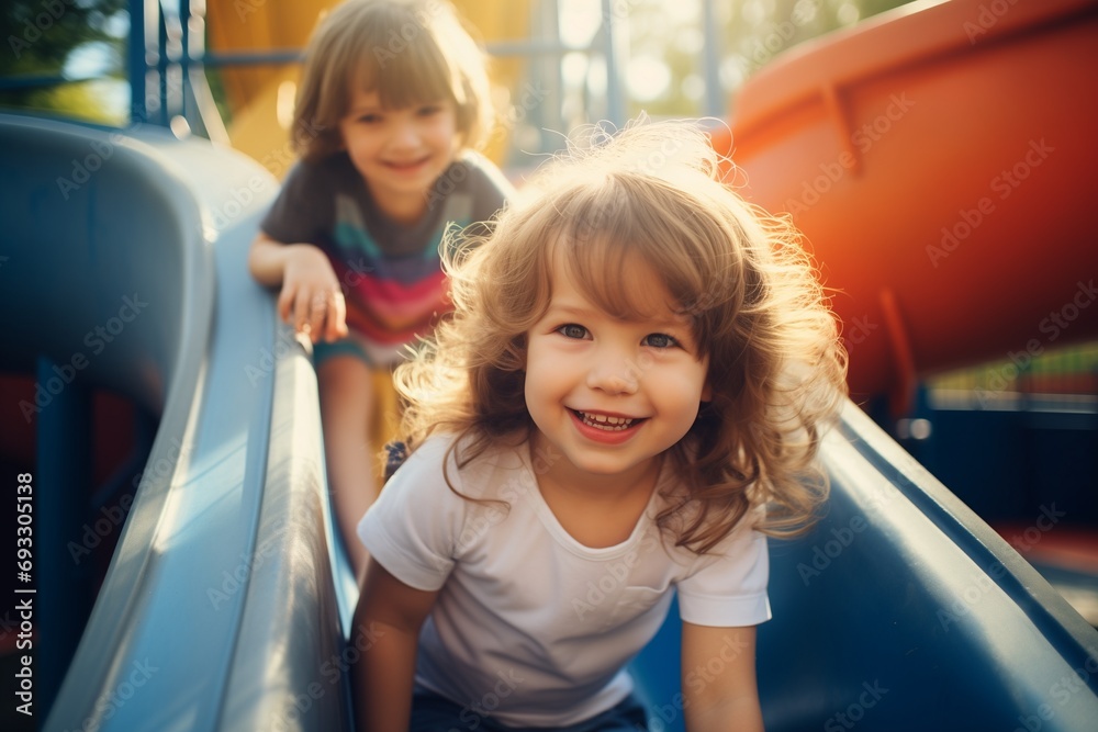 Two little girls having fun on a slide at the playground in the summer.