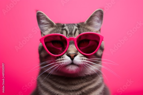 Cat with heart-shaped sunglasses on pink background