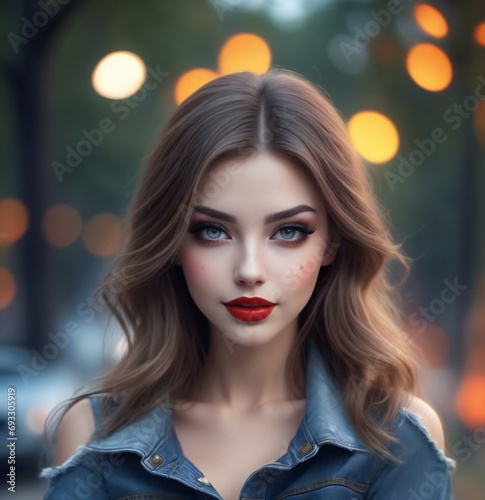 Portrait of beautiful young woman with bright makeup and red lips