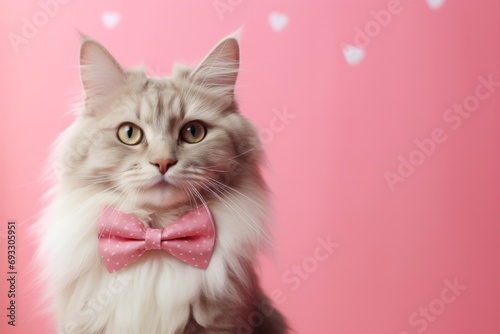 Cat with pink bow tie on pink background