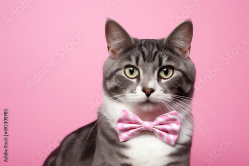 Cat with pink bow tie on pink background © ParinApril