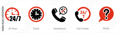 A set of 5 Contact icons as 24 hour, clock, assistance