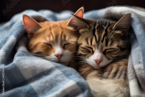 Two cats snuggling on a blanket © ParinApril