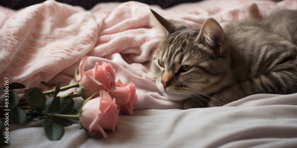 Cat with a rose on a blanket