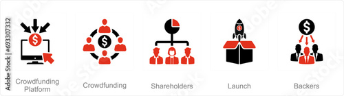 A set of 5 Crowdfunding icons as crowdfunding platform, crowdfunding, shareholders