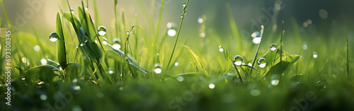 grass close-up with drops of dew in the background bokeh and rays of light