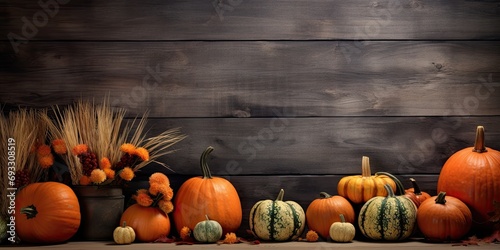 Decorative pumpkins on a wooden table by an old wall. Halloween and autumn house decor.