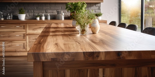 Wood-grained table in natural kitchen setting