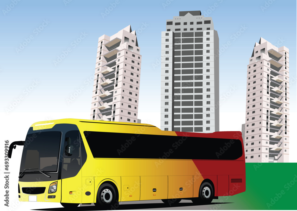 Red-yellow city bus on dormitory background. Coach. Vector 3d illustration