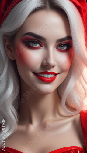 Close-up portrait of a beautiful woman with red lips and white hair
