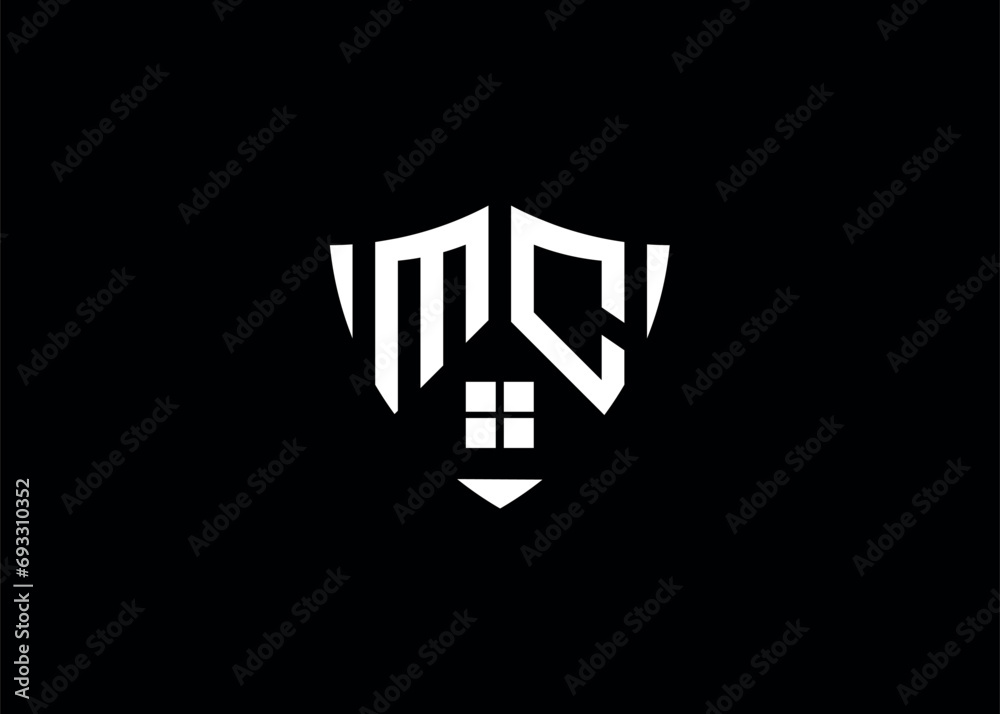 Real estate letter MC shield shape logo and house building vector template Real estate letter MC shield shape logo and house building vector template