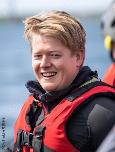 A man in a life jacket smiling. Generative AI.