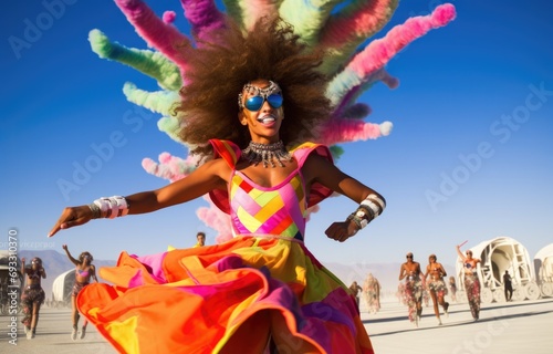 A woman in a colorful dress dancing in the desert. Generative AI.